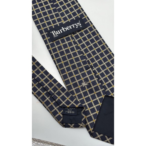 Burberrys Mens Silk Tie Navy Blue Gold Grid Check Prorsum Knight Logo Vintage - Picture 3 of 4